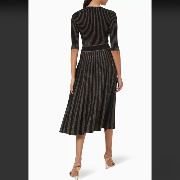 PINKO Bitter Two-tone Midi Dress in Stretch Jersey Black Gold Sparkle Metallic M - Picture 2 of 11